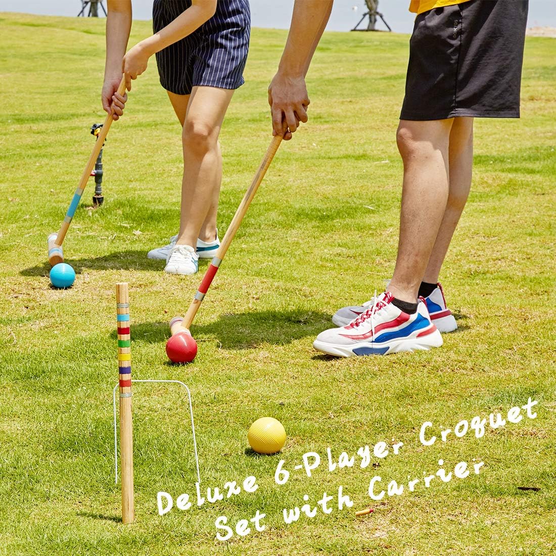 ApudArmis Six Player Croquet Set with Premiun Rubber Wooden Mallets 28In,Colored Ball,Wickets,Stakes