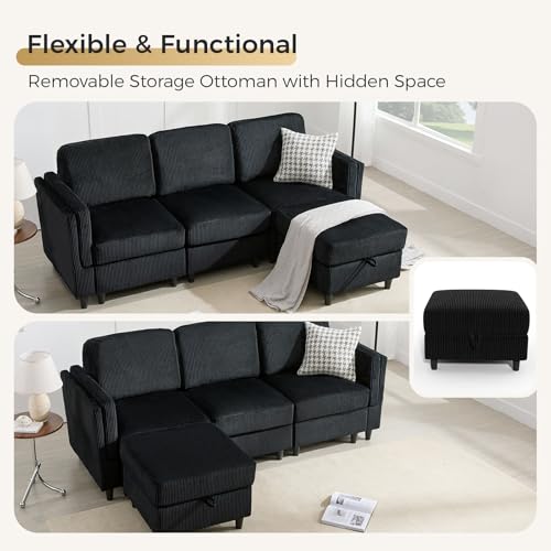 KKL Modular Sectional Sofa Bed with Storage Ottoman, Convertible L/U-Shaped Sleeper Couch for Living Room, Modern Reversible Design, Beige