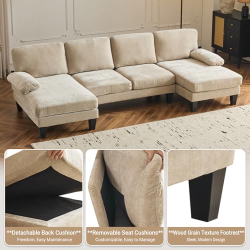 VINGLI 110" Sectional Couches for Living Room,U Shaped Couch with Double Chaise, 4-Seat Sofa Set with Chenille Fabric for Home Furniture,Forest Green