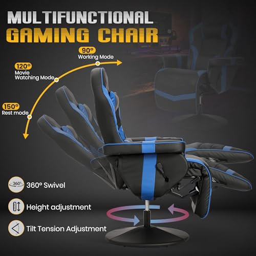 Massage Gaming Recliner Chair with Cup Holder & Side Pockets – Ergonomic PU Leather Video Gaming Chair with Footrest, Manual Recline