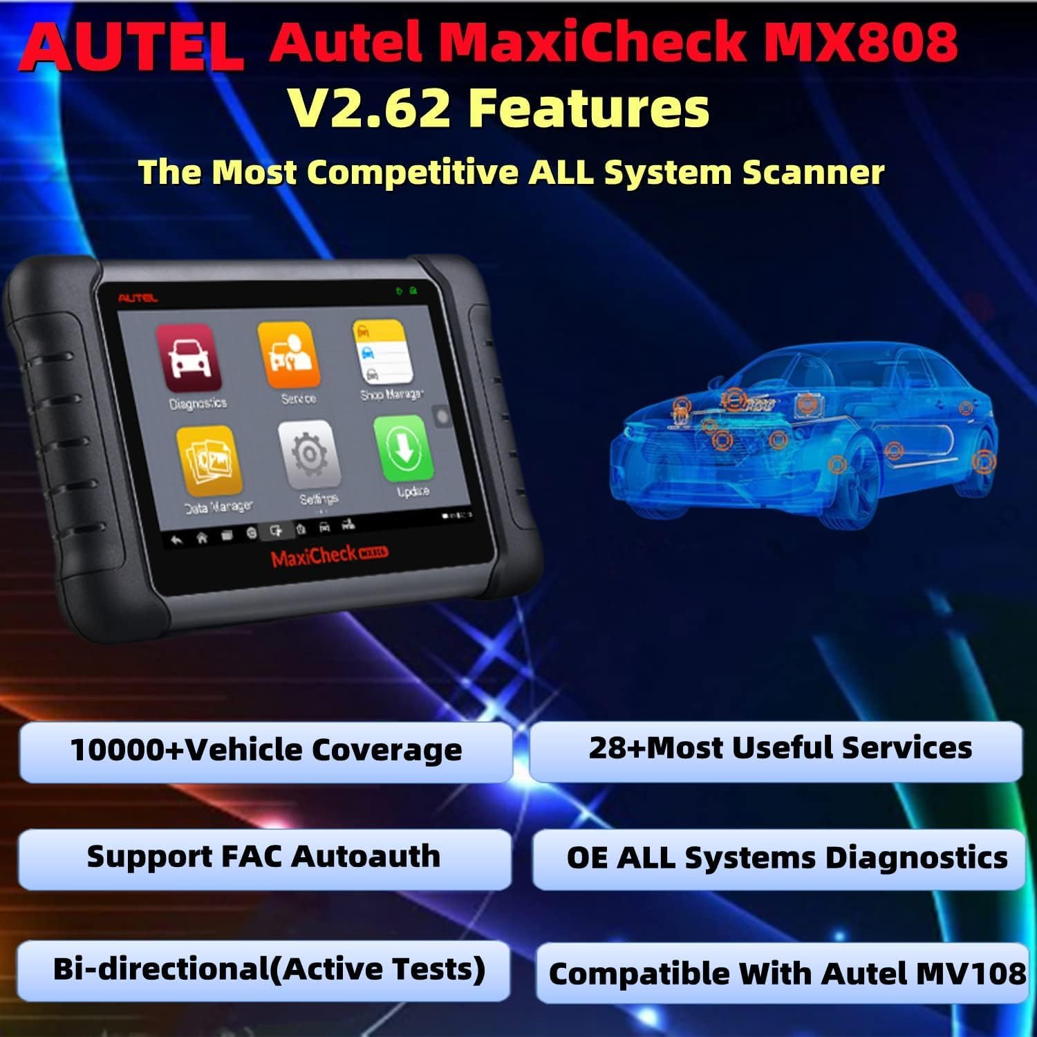 Autel Maxicheck MX808, Autel Scanner, 28+ Services, Active Test, All System Diagnose, Injector Coding, FCA Autoauth, ECU Information