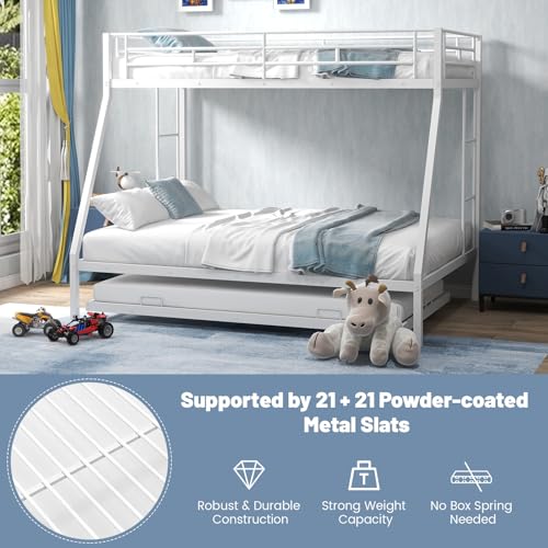 KOMFOTT Twin Over Full Bunk Bed with Trundle, Heavy-Duty Metal Bunk Bed Frame with Guardrail & 2 Ladders, Space-Saving Bunk Bed for Kids/Teens/Adults
