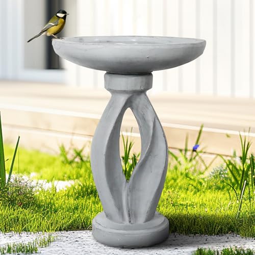 SunJet 25.5 Inch Heigh Wood-Look Concrete Bird Bath with Decorative Faux Bird – birdbath Rustic & Long-Lasting Design, Enhances Garden, Patio, Yard