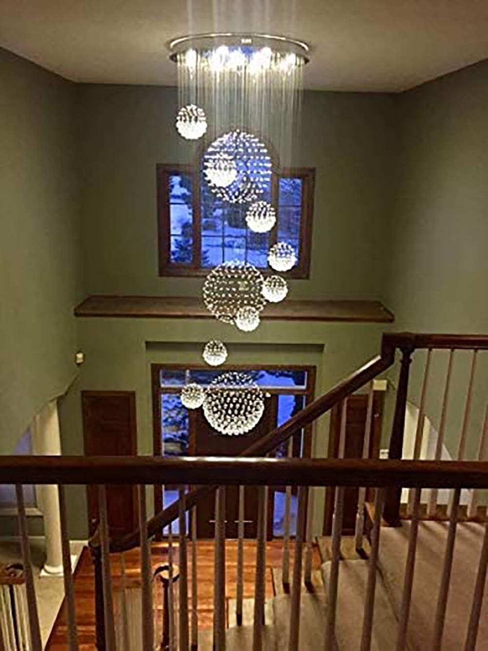 Staircase Crystal Chandeliers, Siljoy Modern 11 Sphere Spiral K9 Rain Drop Ceiling Light Fixture for Hotels Villas, 13 Lights, Dia 31.5 X H86.6