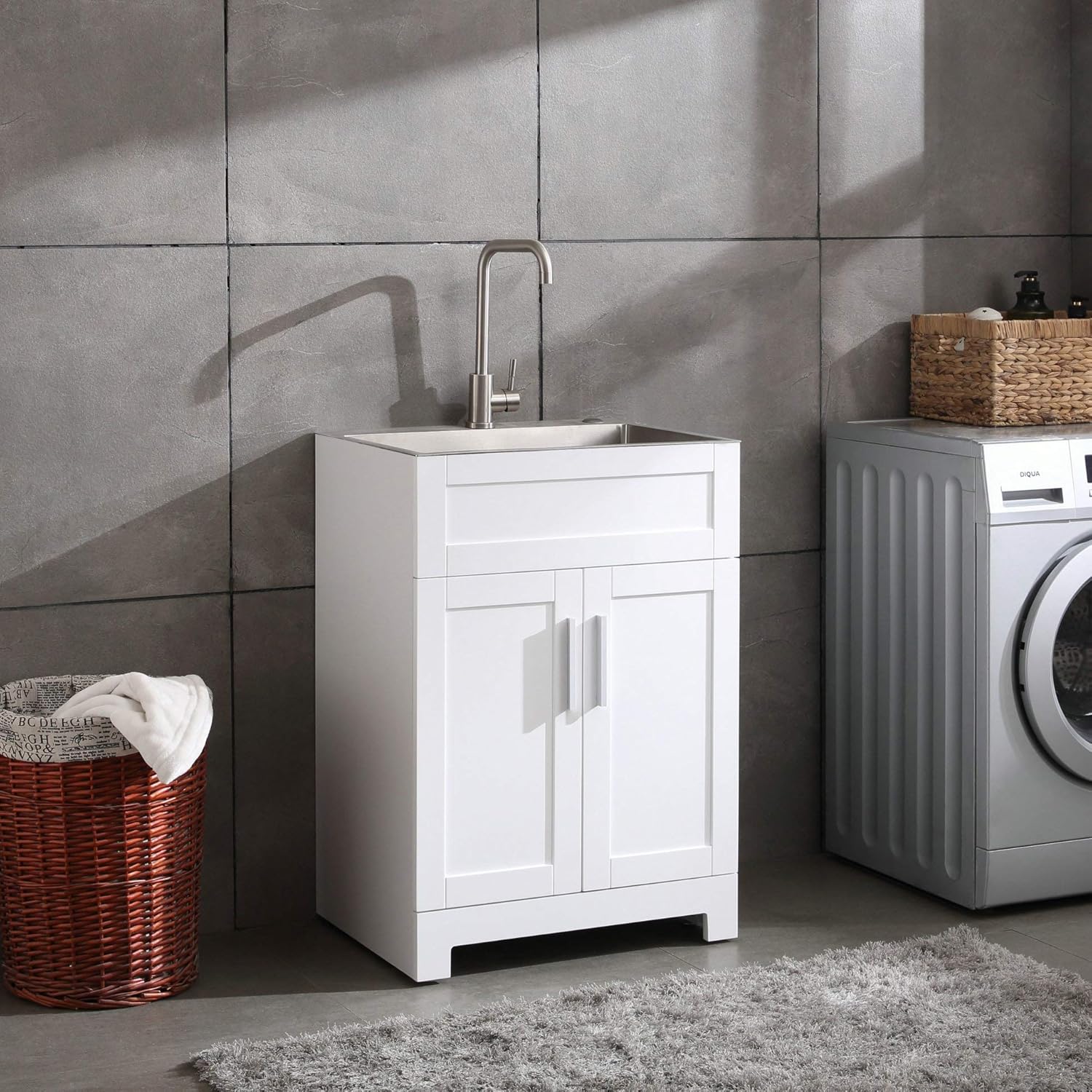 24 White Laundry Utility Cabinet w/ Stainless Steel Sink and Faucet Combo
