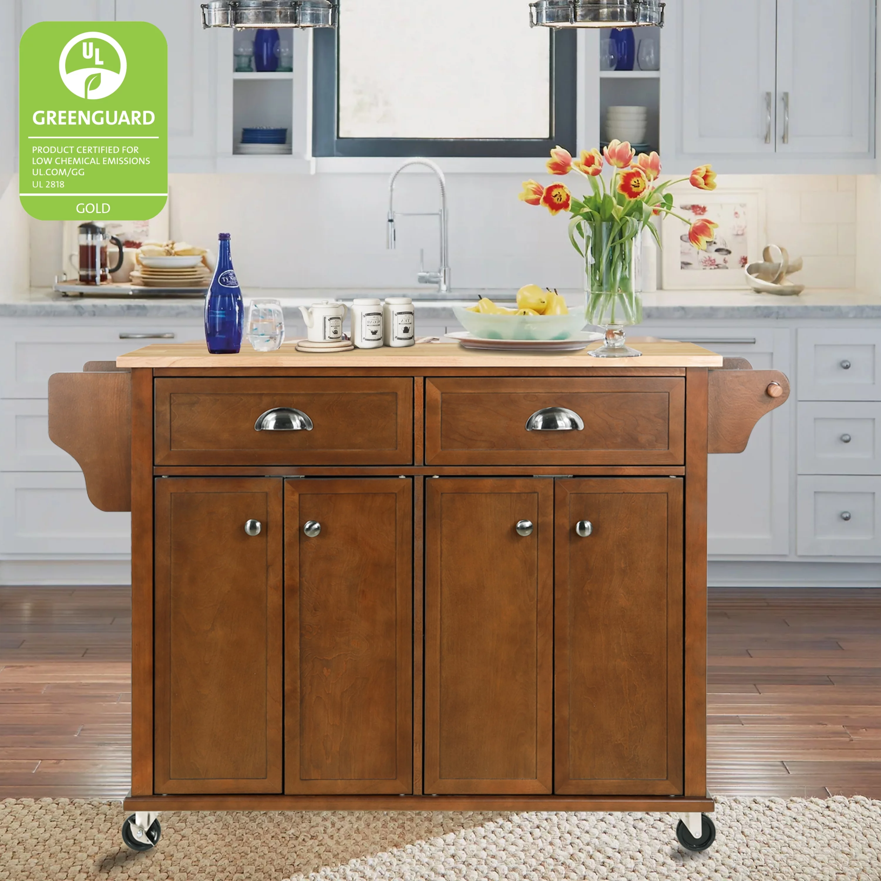 Rolling Kitchen Island Cart with Large Storage Cabinet on Wheels, Solid Rubberwood Countertop with Drop Leaf, Greenguard Gold Certified, 4-Droors