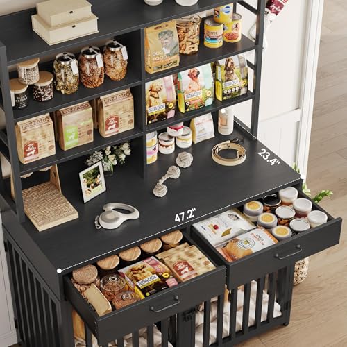 Keyluv 71''H x 47.2''W Large Dog Crate Furniture with 4-Tier Shelves and 2 Storage Drawers, Heavy Duty Dog Cage Furniture with 2 Doors