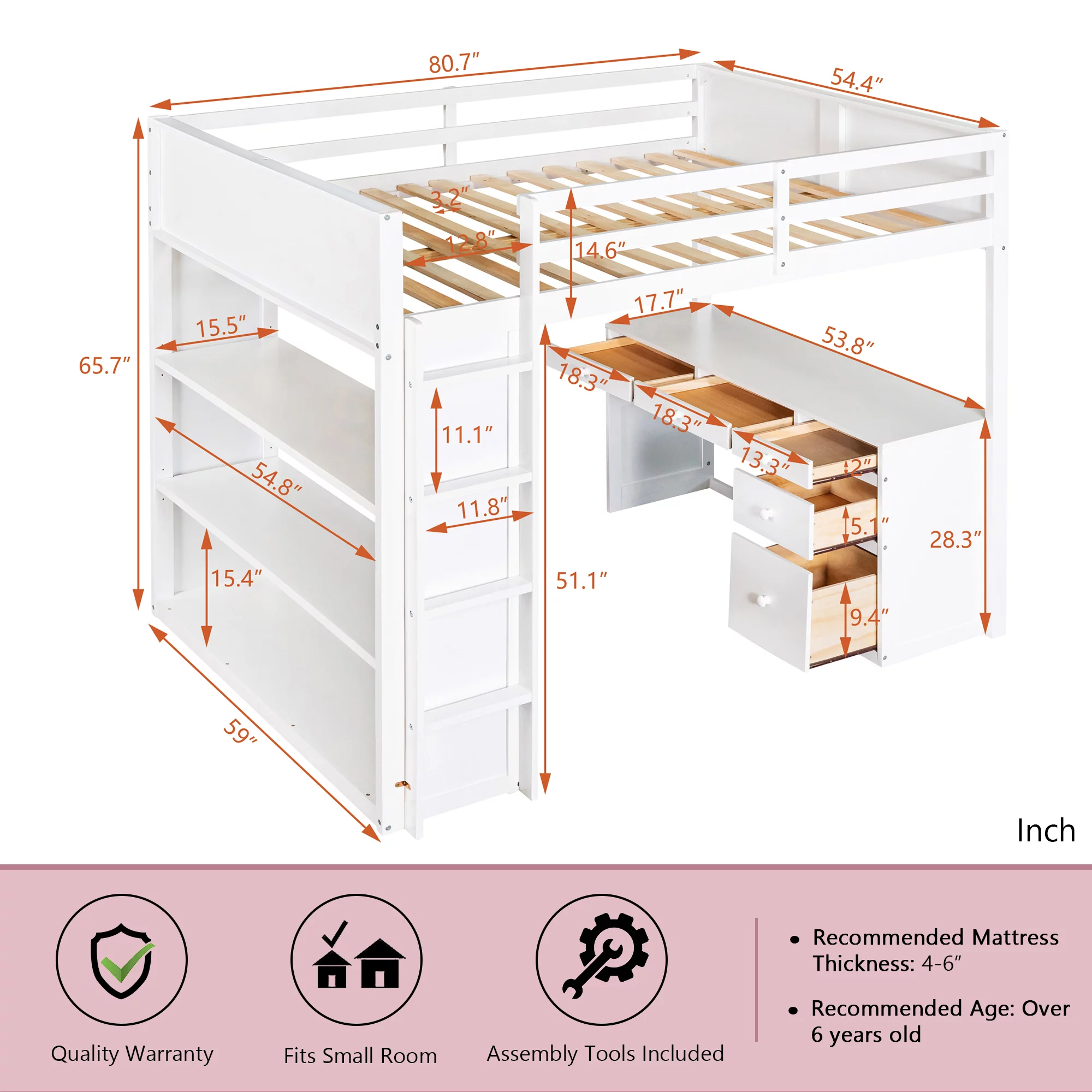 Bellemave Full Size Loft Bed with Desk and Shelves, Wood High Loft Bed Frame with Storage and Ladder, for Kids Teens Adults, White