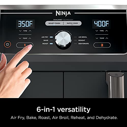 Ninja DZ401 Foodi 10 Quart 6-in-1 DualZone XL 2-Basket Air Fryer with 2 Independent Frying Baskets, Match Cook & Smart Finish to Roast, Broil