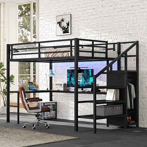 Full Loft Bed with Desk - Metal Gaming Bed with L-shaped Desk, USB, Wardrobe & Adjustable Shelf, High Loft Bed with Safety Guardrails & Stairs