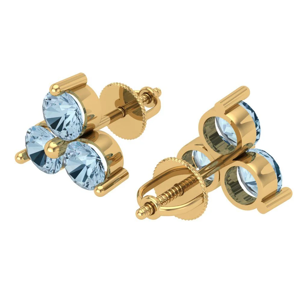 Yellow Gold Solitaire Stud Earrings - 3.0 Ct Brilliant Round Cut Studs Simulated Blue Diamond 14K, Earrings Screw Back
