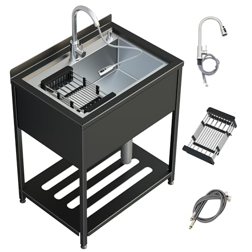 Stainless Steel Utility Sink, 36.6" × 24.2" × 36.6"Freestanding Sink with Cold and Hot Water Faucet,Hoses and Drain Kit for Kitchens, Bathrooms
