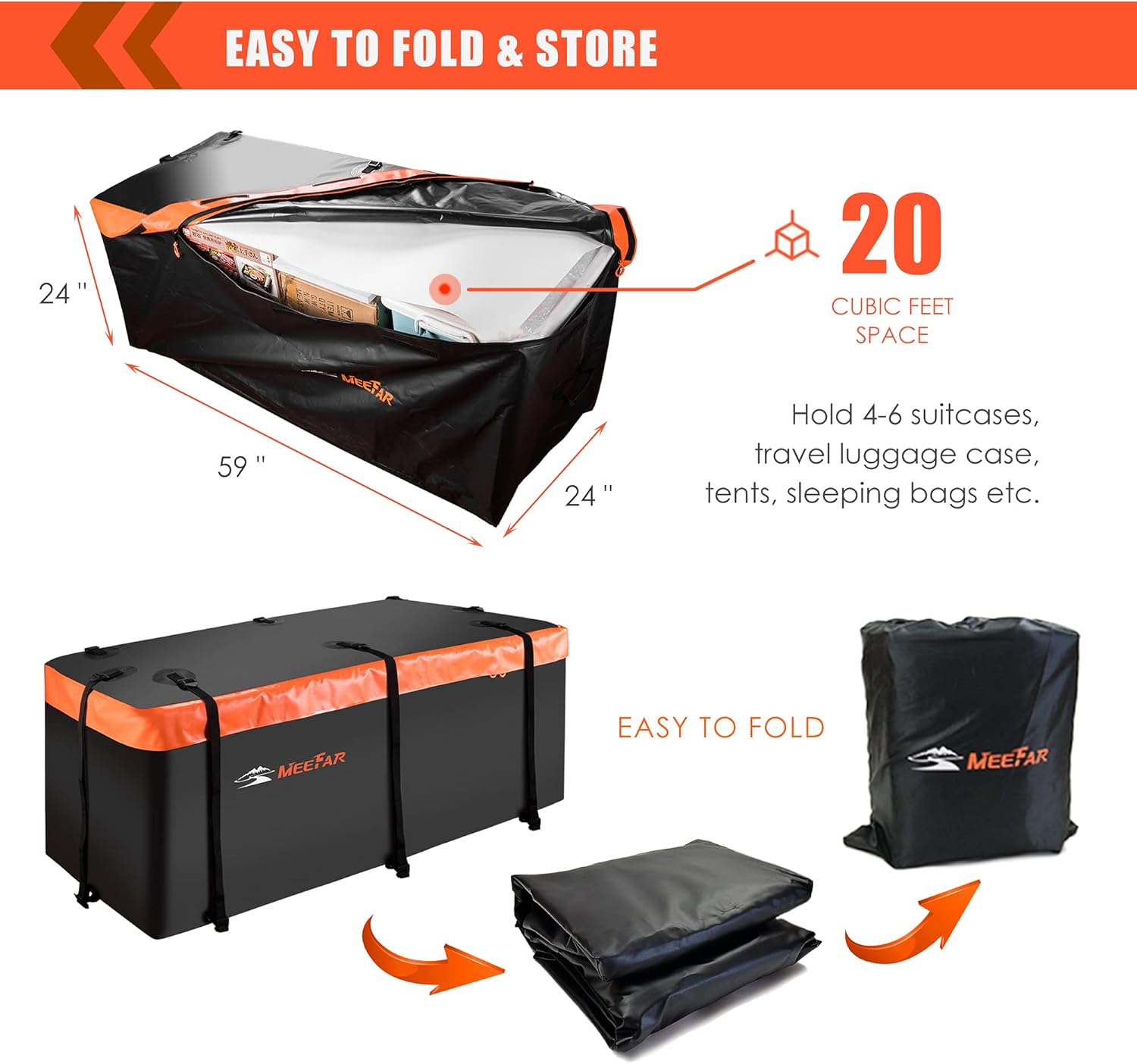 MeeFar Hitch Mount Cargo Carrier Bag Soft Shell 100% Waterproof 20 Cubic Feet (59 24 24) Include 8 Reinforced Straps for Truck Pickup All Vehicle