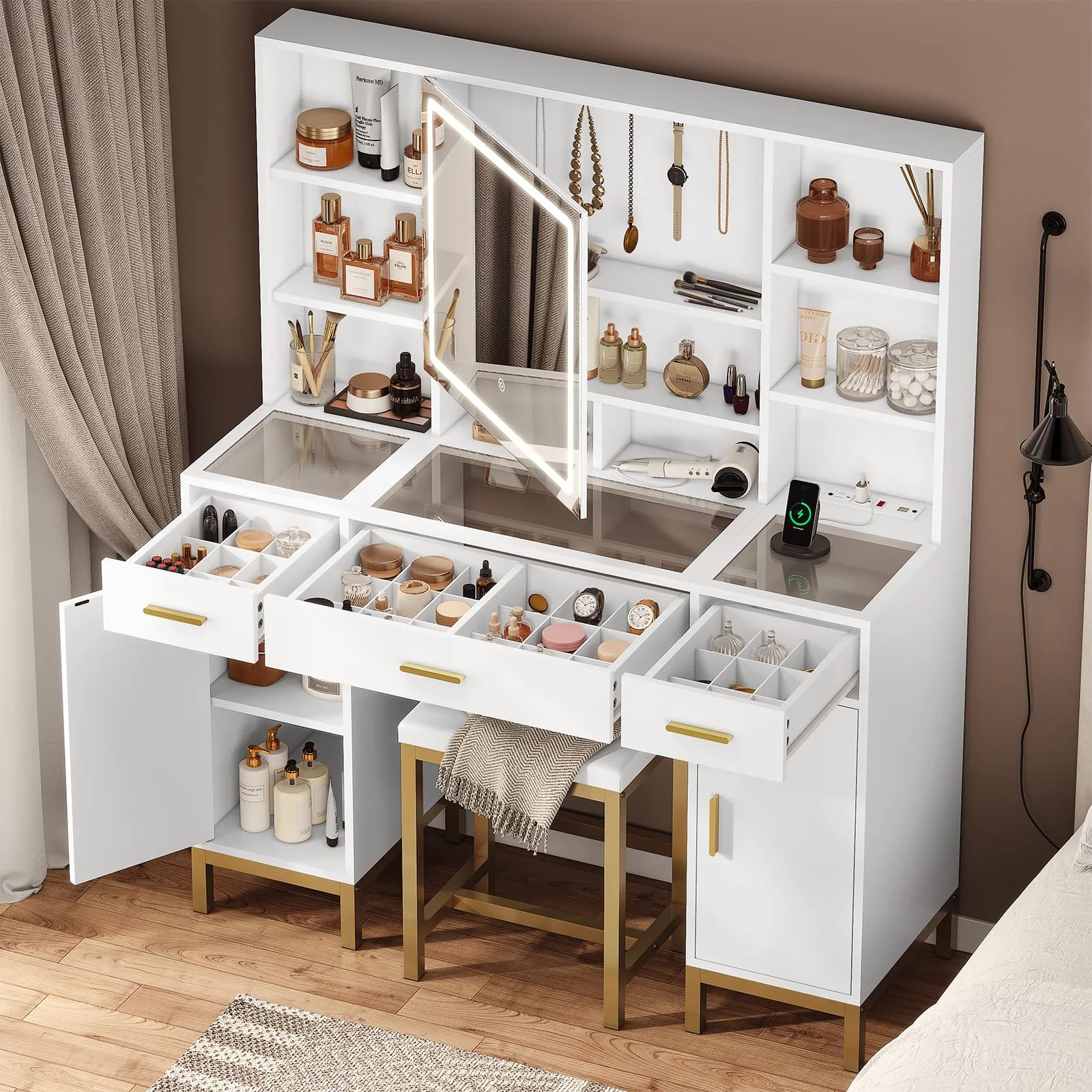 Afuhokles Vanity Set with Lighted Mirror and Charging Station, Vanity Desk Makeup Vanity with Big Glass Desktop,Compartment Storage