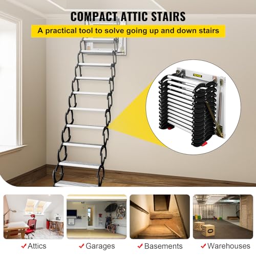 VEVOR Attic Stairs Pull Down 12 Steps, Wall-Mounted Folding Attic Ladder Alloy Attic Steps