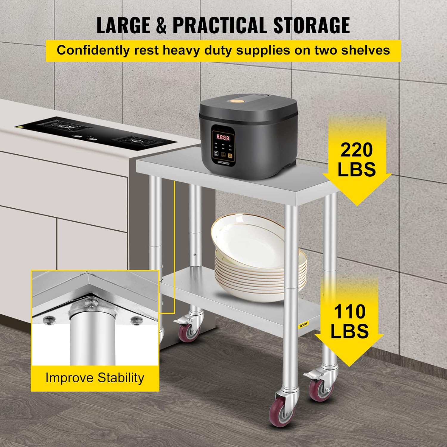 Mophorn Stainless Steel Work Table with Wheels 24 x 30 Prep Table with casters Heavy Duty Work Table for Commercial Kitchen Restaurant Business (24 x