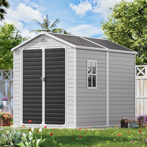 Outdoor Resin Storage Shed with Floor 8x6x7 FT Waterproof Wider Door Outside Plastic Sheds Kit for Backyard Garden Patio Lawn Tools, Gray