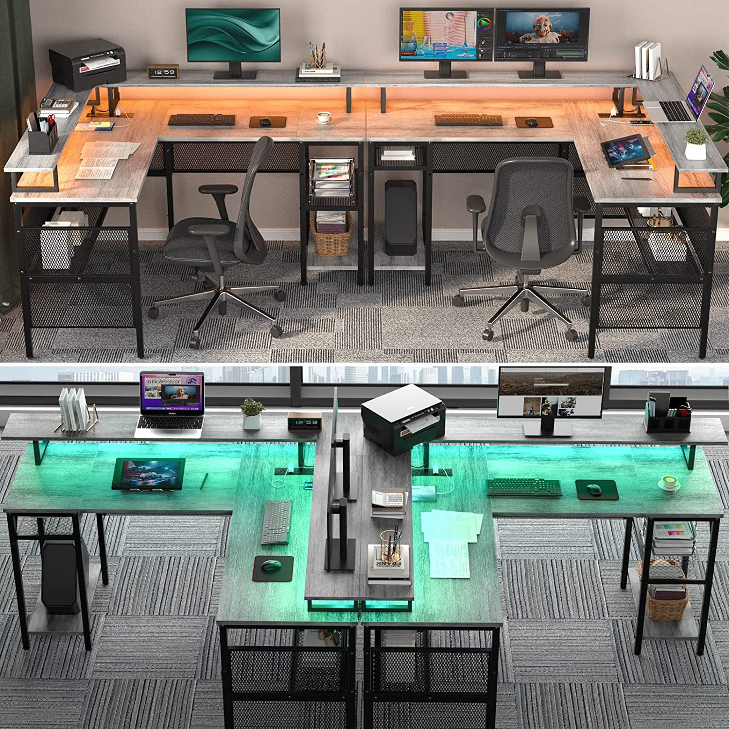 Homieasy L Shaped Desk with Power Outlets and LED Light, 55 inch Reversible L-Shaped Gaming Desk with Monitor Stand