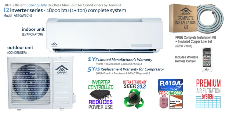 Amvent 18000 BTU Cooling Only Inverter Mini Split Air Conditioner with 25 Foot Installation Kit incl .
