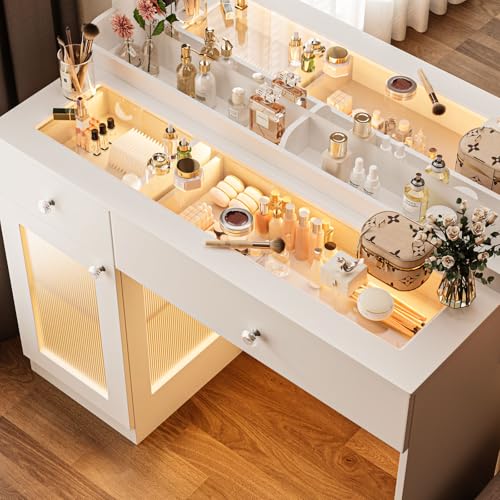 Vanity Desk with Large Mirror and Lights