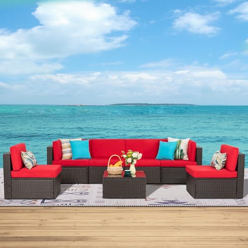 Shintenchi 6 Pieces Patio Furniture Sets Outdoor All-Weather Sectional Patio Sofa Set PE Rattan Manual Weaving Wicker Patio Conversation Set with