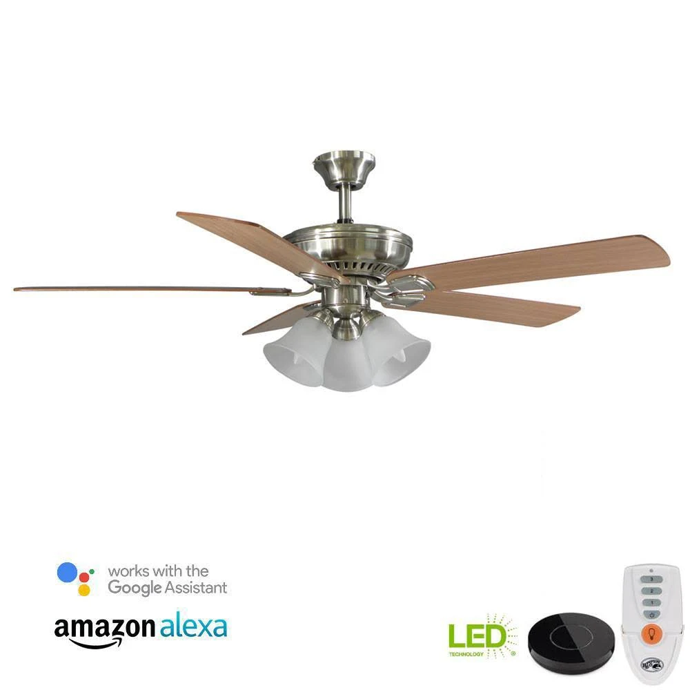 Hampton Bay Campbell 52 in. LED Brushed Nickel Ceiling Fan with Light Kit Works with Google Assistant and Alexa 20011