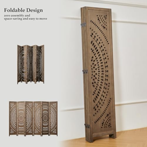 66.9Inch Folding Room Divider, 6 Panels Wood Carved Privacy Screens