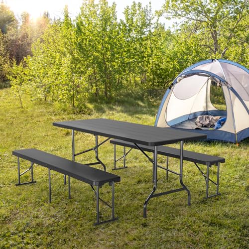 VINGLI Picnic Table Set with 2 Benches, 6 Feet Camping Table Chair Set,3-Piece Folding Furniture for Indoor or Outdoor Use, Smooth Tabletop, White