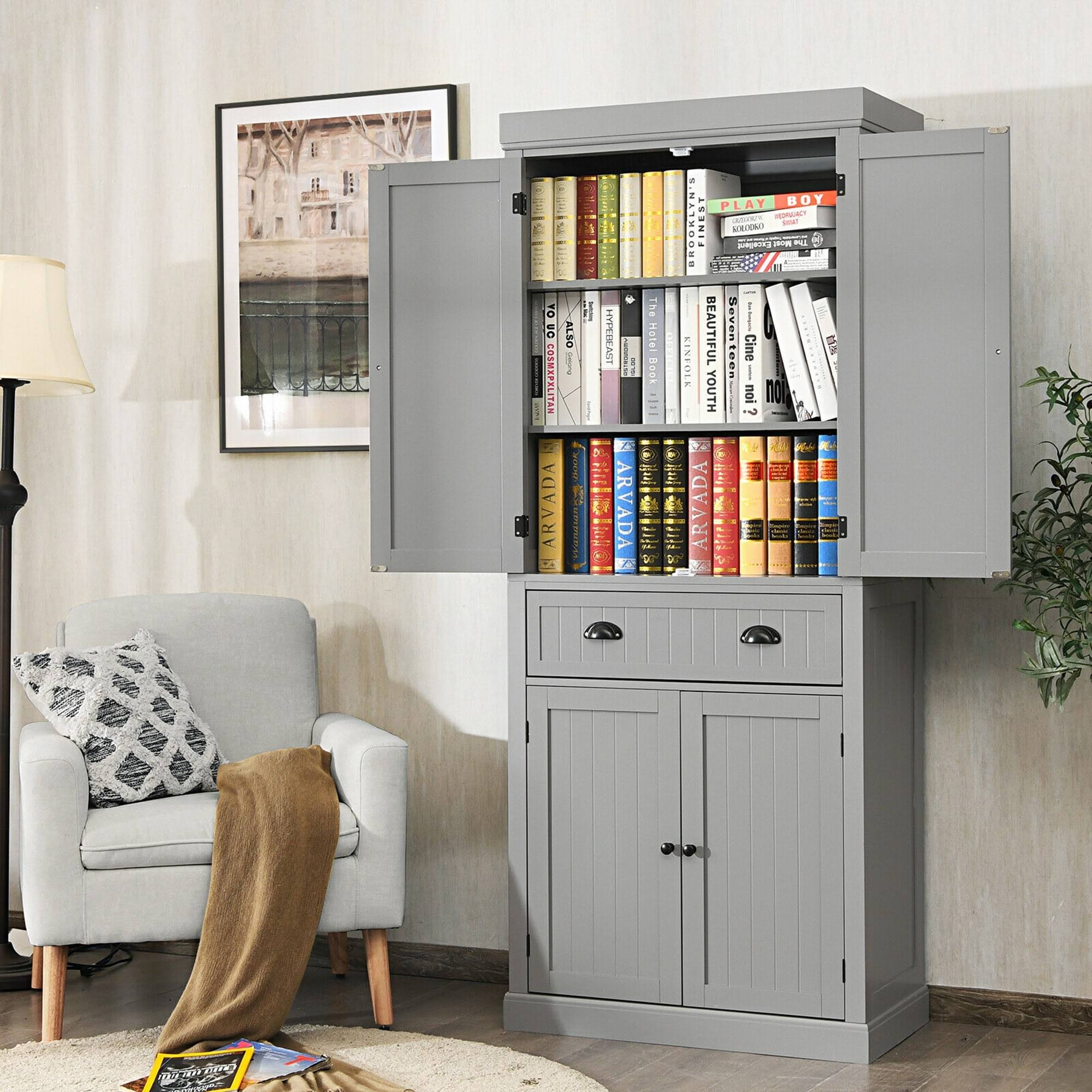 Gymax Kitchen Cabinet Pantry Cupboard Freestanding w/Shelves Grey - See Details