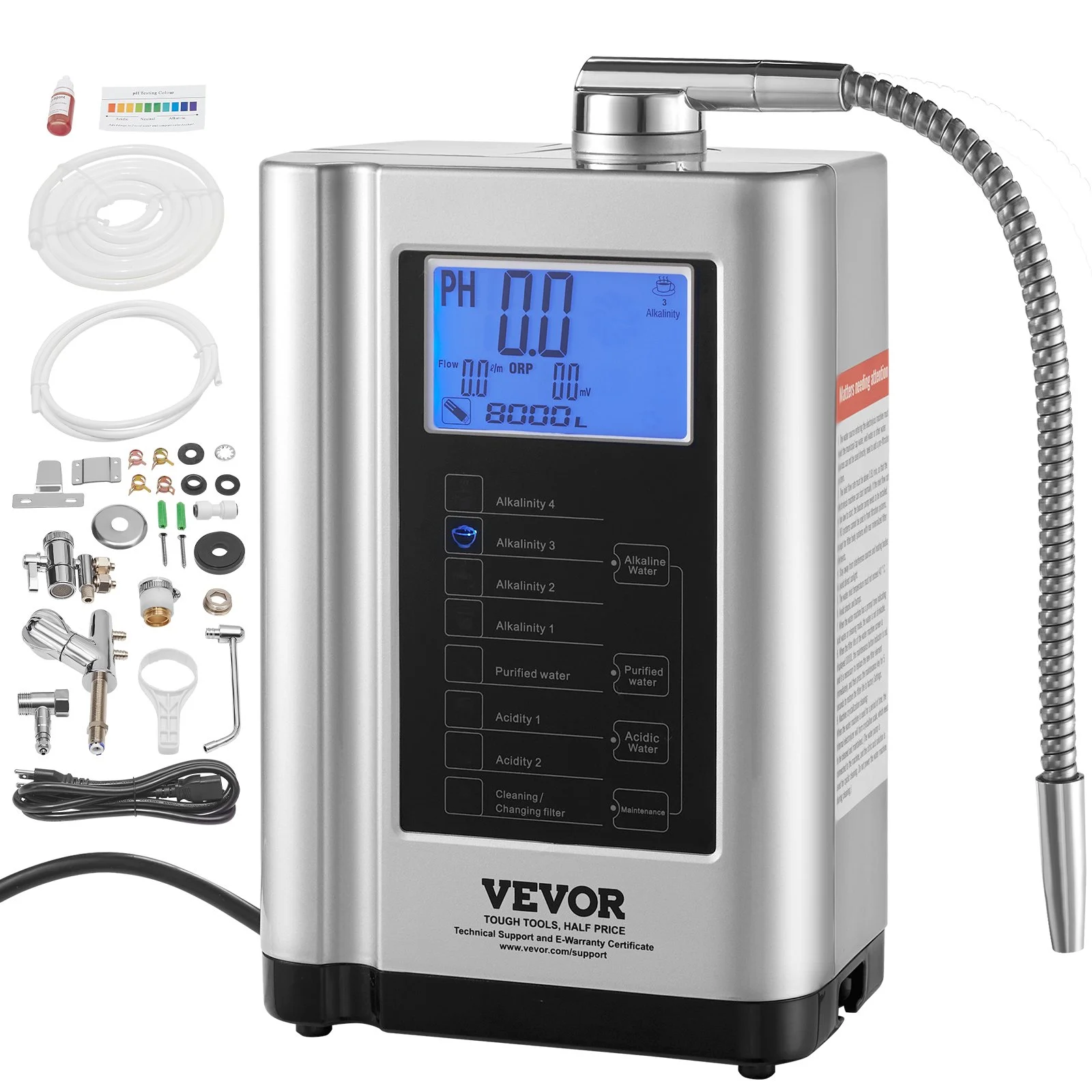 VEVOR Alkaline Water Ionizer Machine, pH 3.5-10.5, 7 Water Settings, -550mV ORP, 8000L Per Filter, Auto-Cleaning
