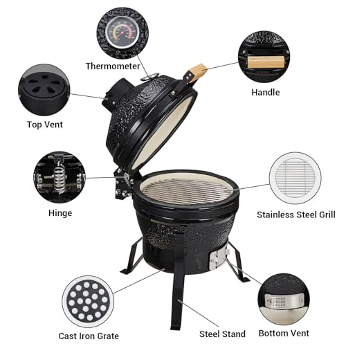 13-Inch Portable Ceramic Charcoal Grill with Grill Stand, Egg Shaped Ceramic Charcoal Grill w 10.6" Stainless Steel Cooking Grate