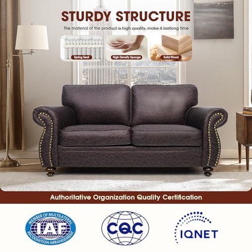 Mid-Century Vintage Sofa Couches with Rivet Design,3-Seater Sofa,Removable Sofa Cover Upholstered Cushions and Solid Wood Frame (Brown, 3-Seater)