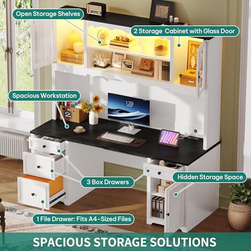 YITAHOME Executive Desk with Hutch and Drawers, Farmhouse Wood Computer Desk with Power Outlet & LED Lights, Home Office Desks with Storage Shelves