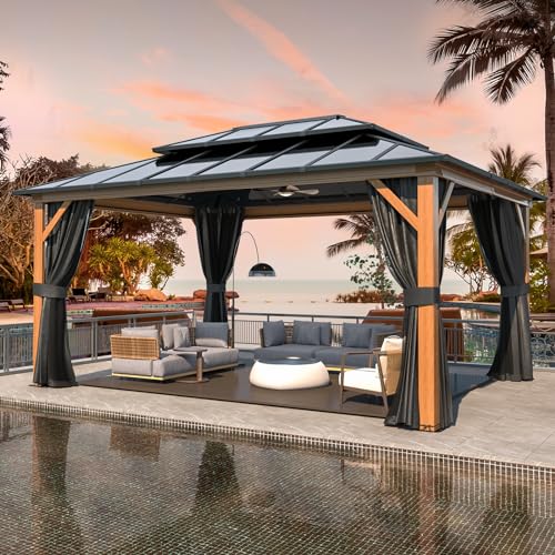 YOLENY 10'x13' Hardtop Gazebo, Outdoor Polycarbonate Double Roof Canopy, Aluminum Frame Permanent Pavilion with Curtains and Netting