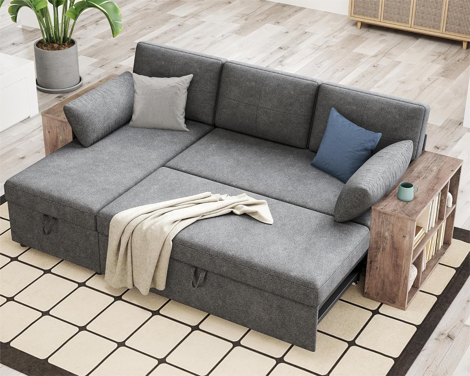 PaPaJet Sleeper Sofa, Pull Out Sofa Bed with 2 Cabinet Armrest, L Shape Sectional Couch Bed with Storage Chaise-Grey Couch
