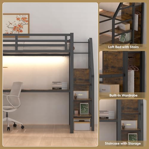 Full Size Loft Bed with Desk and Storage Stairs, Heavy Duty Metal Loft Bed Frame with Wardrobe