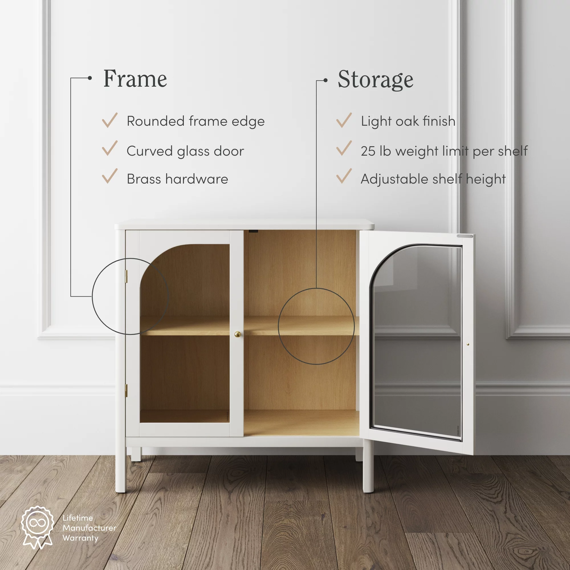 Nathan James Mason Free Standing Accent Sideboard Buffet, Credenza with Glass Doors and Adjustable Shelf in White Wood for Dining Room