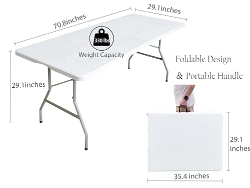 8 Foot Folding Table 96 inch Heavy Duty 8ft Plastic Portable Foldable Table with Handle Indoor Outdoor White 8' Dining Table for Picnic