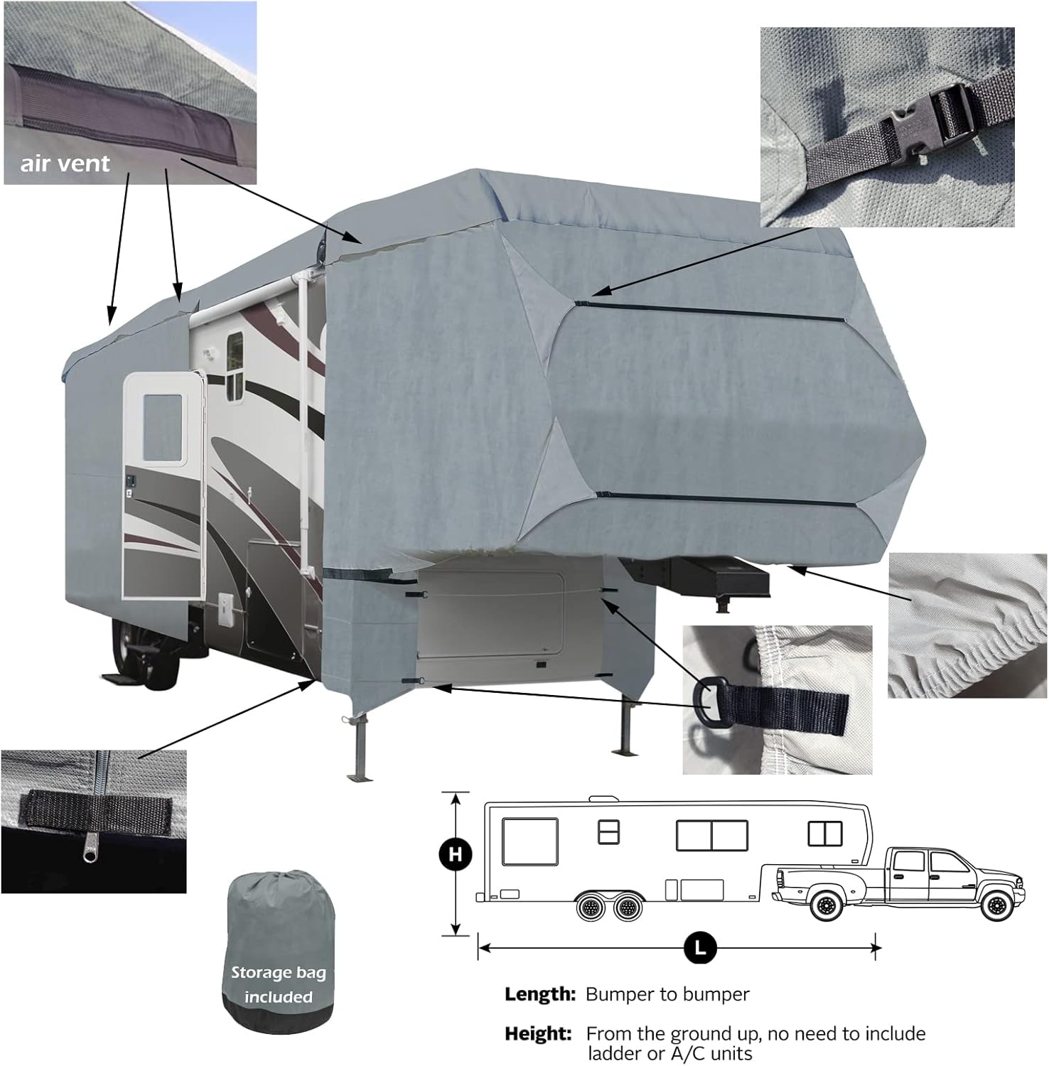 SavvyCraft Deluxe 4-Layer 5th Wheel RV Travel Trailer Camper Cover Fits from 37'-41'L Extra Tall (140 H) W/Zipper Access