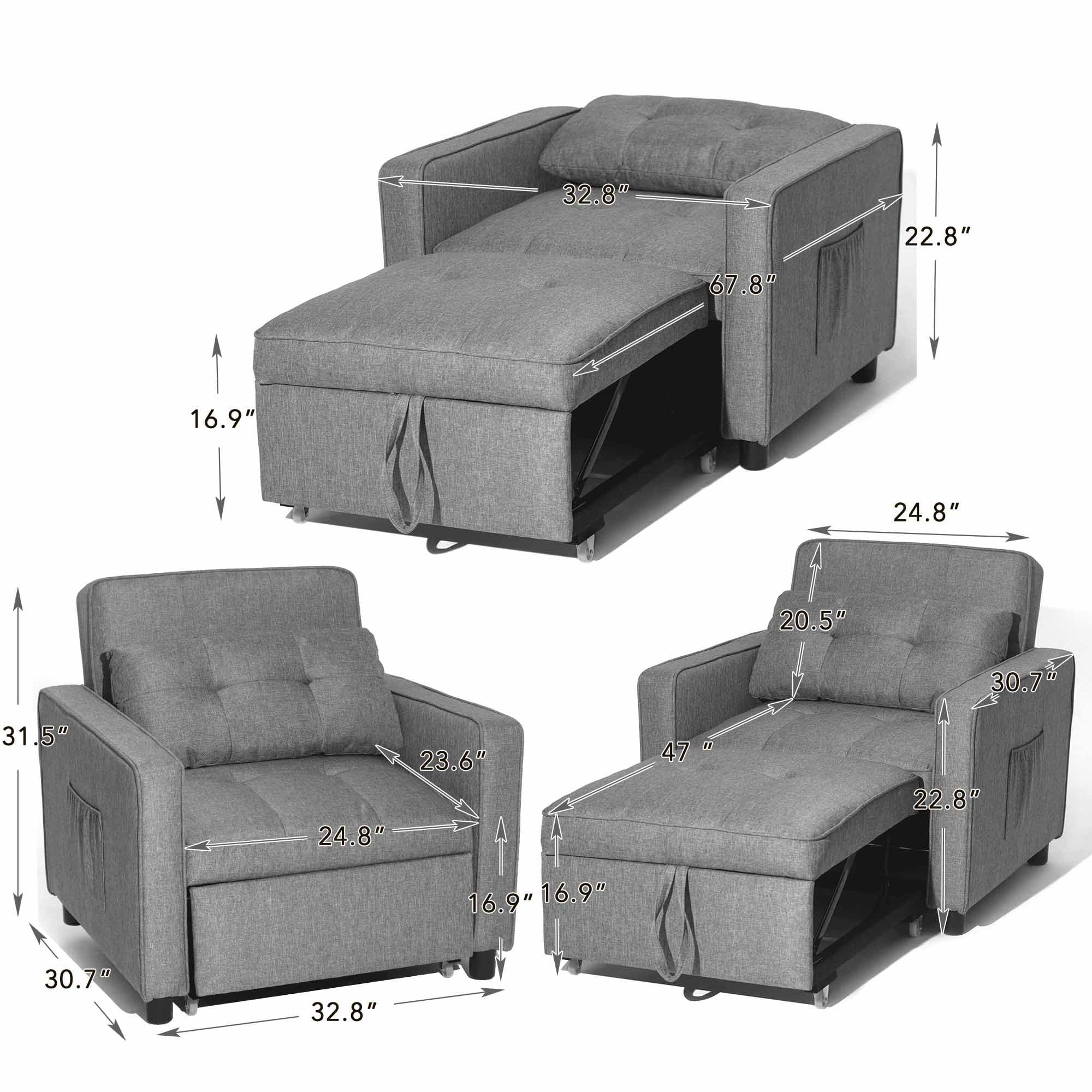 Daybed Convertible Chair Bed Sofa Sleeper 3-in-1 for Adults Single Adjustable Chair with Pillow and Pocket Linen Fabric Modern Arm Chair Light Grey