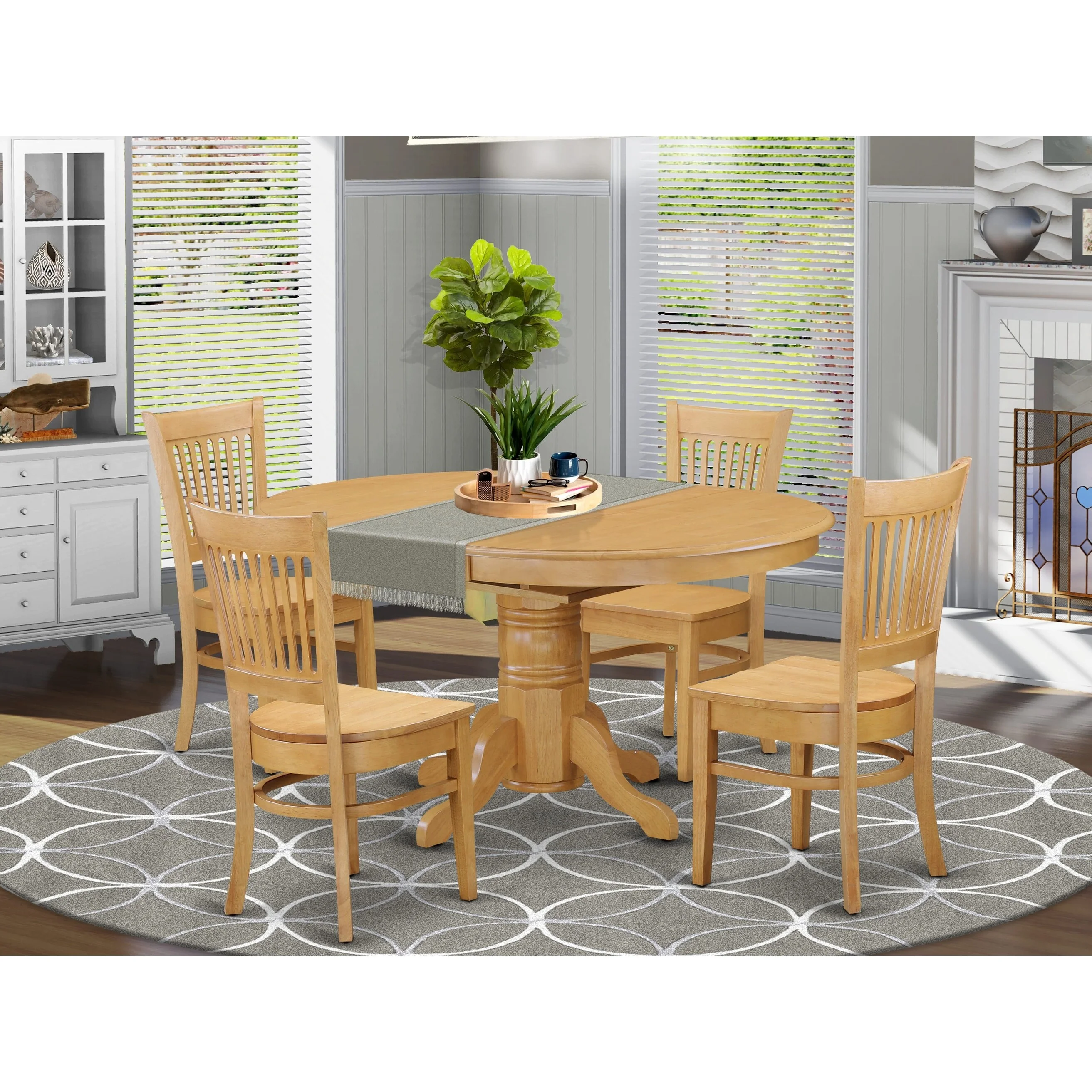 East West Furniture  Dining Room 4 Table with Leaf And 4 Dinette Chairs, Oak