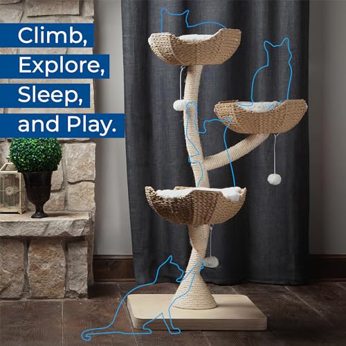 The Sanctuary Cat Tree - Luxury Cat Condo, Large Modern Indoor Tower with 3 Faux Fur Beds, Scratching Posts, and Toys for Cats