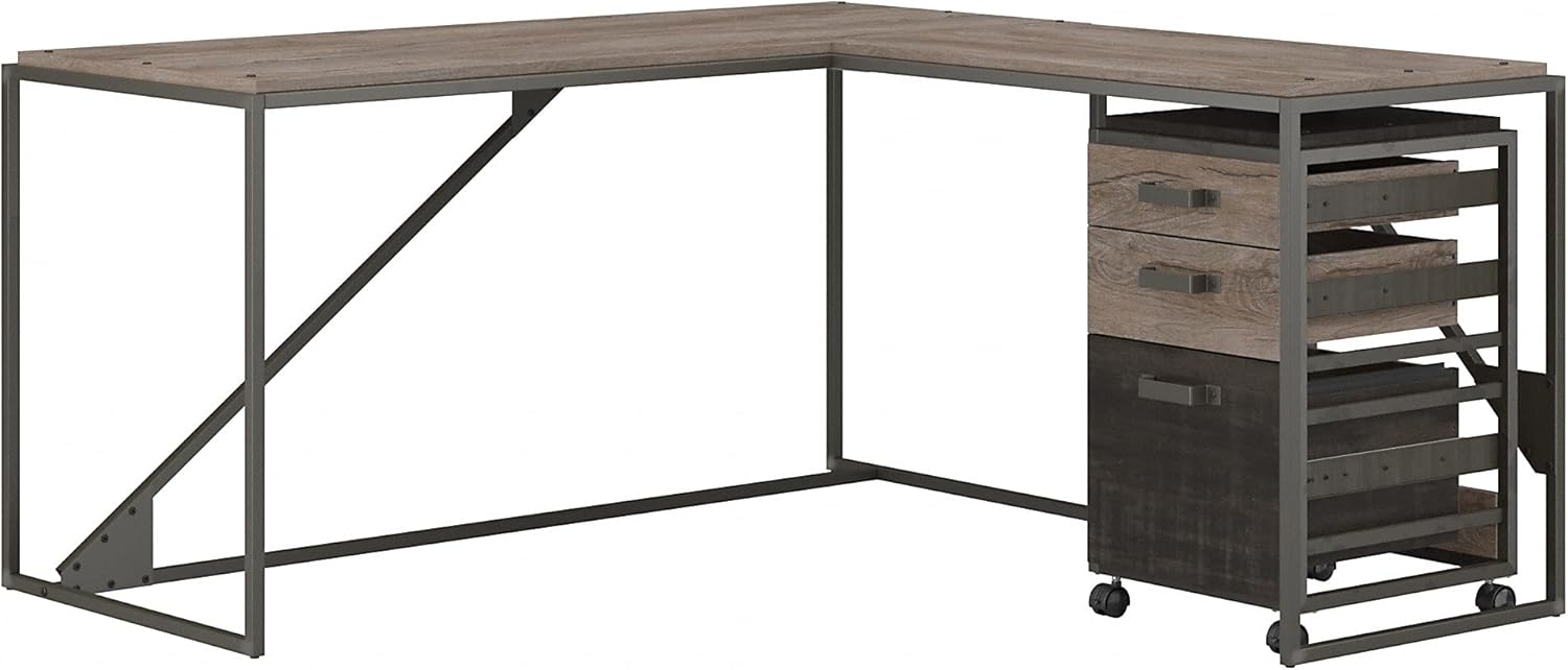 Bush Furniture Refinery L Shaped Industrial Desk with 3 Drawer Mobile File Cabinet, 62W, Rustic Gray