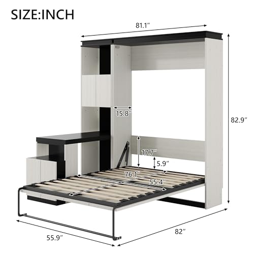 Queen Size Murphy Bed Wall Cabinet with 2 Wardrobe and Storage Shelf, Wooden Murphy Cube Wall Bed