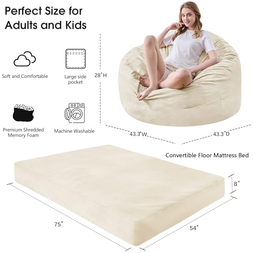 Bean Bag Chairs for Adults - Giant Bean Bag Chair Convertible Bean Bag Bed - Beanbag Chair with Micro Fiber Cover/Furniture Foam Filler