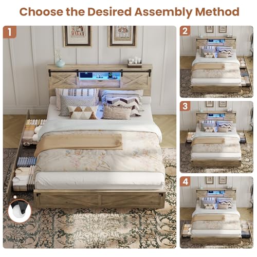 Hasuit Farmhouse Bed Frame California King Size with Storage Bookcase Headboard, Wooden Cal King Bed with LED Lights, Charging Station, 2 Drawers