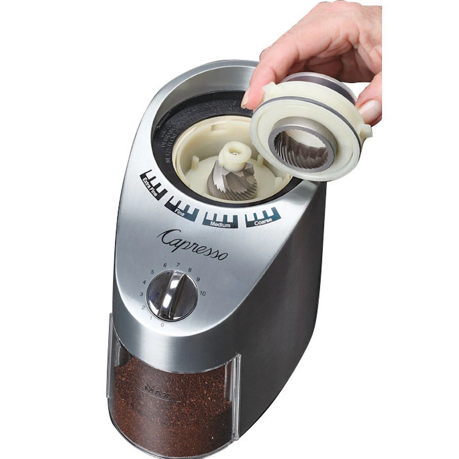 Capresso Metal Die-Cast Conical Burr Coffee Grinder with Durable Housing