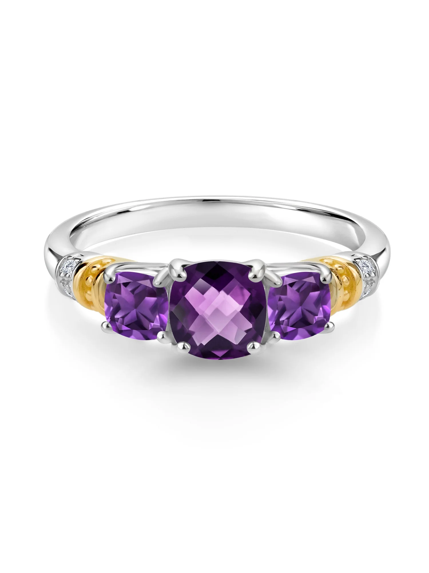 Gem Stone King 925 Silver and 10K Yellow Gold Purple Amethyst and Diamond 3-Stone Ring For Women (1.30 Cttw, Gemstone February Birthstone