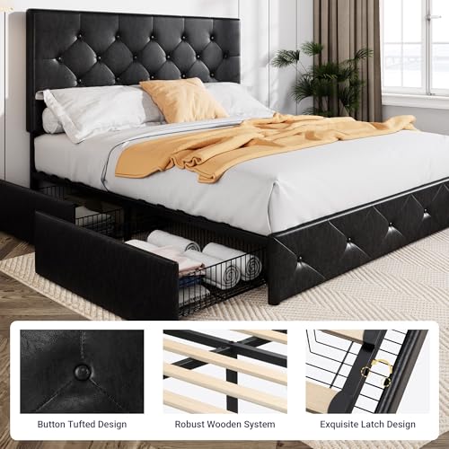 Allewie Upholstered Queen Size Platform Bed Frame with 4 Storage Drawers and Headboard, Square Stitched Button Tufted