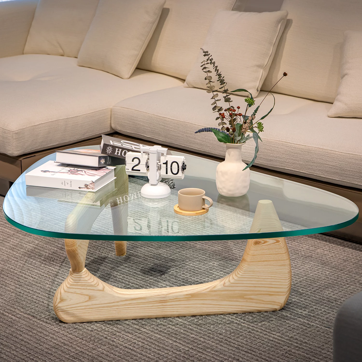 Mid Century End Table Triangle Tempered Glass Coffee Table Solid Wooden Base for Living Room Patio,Nature Wood Color - Radiant Selections